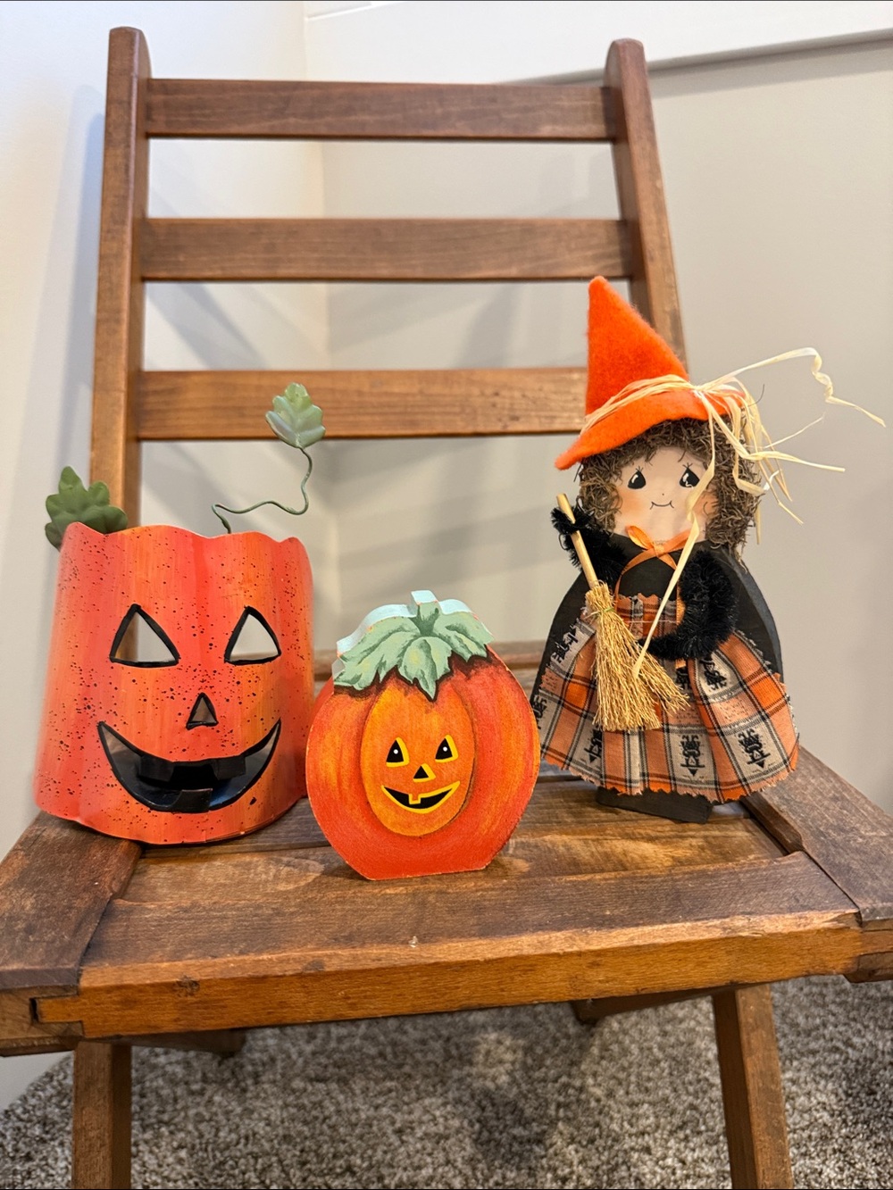 Vintage Halloween Folk Art Decor 3 Pc Witch Pumpkin Jack O Lantern Set